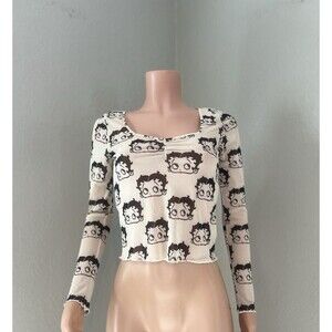 Betty Boop Cartoon Face Logo Mesh MD Long sleeve T hirt Crop Top stretc Y2K #29